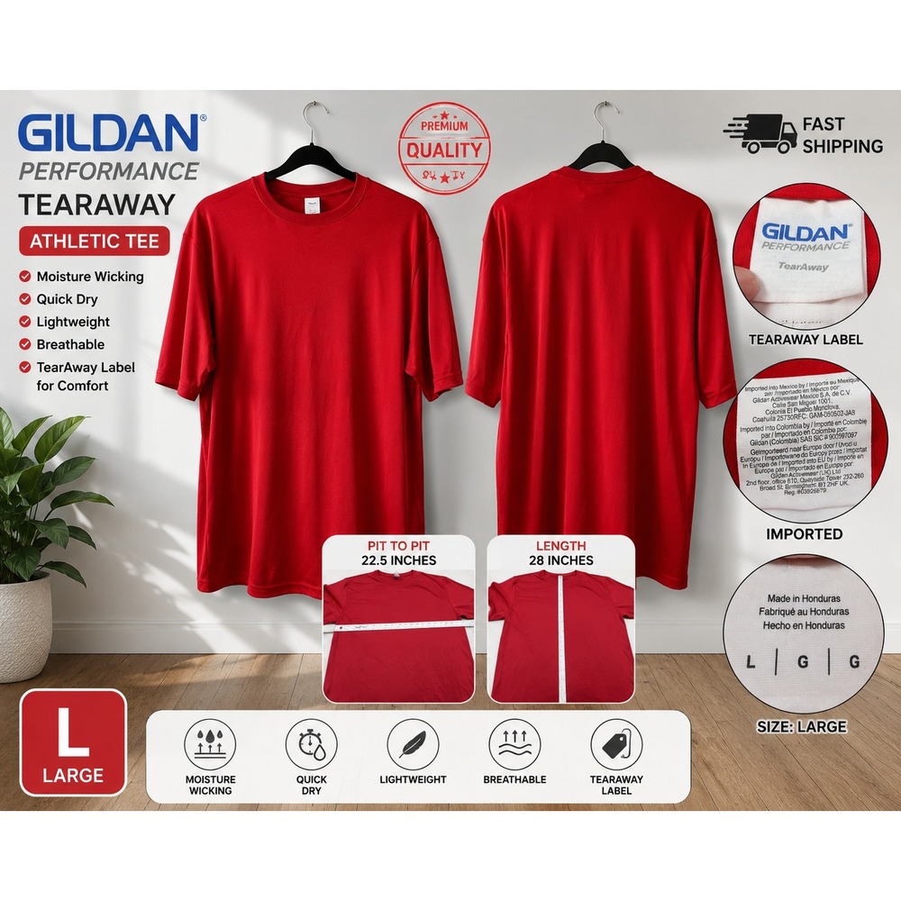 Gildan Performance Athletic Tee Red Moisture Wicking Quick Dry Shirt Mens Large